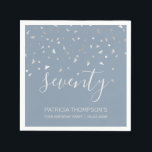 Dusty Blue Silver Confetti 70th Birthday Party Napkin<br><div class="desc">Help them celebrate their 70th birthday in style with this simple but elegant design, featuring faux silver triangular confetti sifting down on the word "seventy" in light grey handwriting font on a black background. Personalise it with the name of the honoree in light grey sans serif font, along with the...</div>