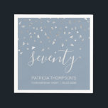 Dusty Blue Silver Confetti 70th Birthday Party Napkin<br><div class="desc">Help them celebrate their 70th birthday in style with this simple but elegant design, featuring faux silver triangular confetti sifting down on the word "seventy" in light grey handwriting font on a black background. Personalise it with the name of the honoree in light grey sans serif font, along with the...</div>