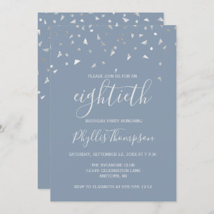 Dusty Blue Silver Confetti 80th Birthday Party Invitation
