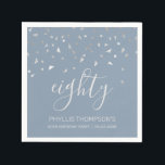 Dusty Blue Silver Confetti 80th Birthday Party Napkin<br><div class="desc">Help them celebrate their 80th birthday in style with this simple but elegant design, featuring faux silver triangular confetti sifting down on the word "eighty" in light grey handwriting font on a dusty blue background. Personalise it with the name of the honoree in light grey sans serif font, along with...</div>