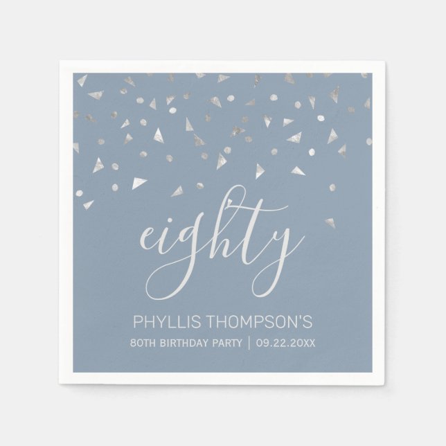Dusty Blue Silver Confetti 80th Birthday Party Napkin (Front)