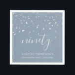 Dusty Blue Silver Confetti 90th Birthday Party Napkin<br><div class="desc">Help them celebrate their 90th birthday in style with this simple but elegant design, featuring faux silver triangular confetti sifting down on the word "ninety" in light grey handwriting font on a dusty blue background. Personalise it with the name of the honoree in light grey sans serif font, along with...</div>