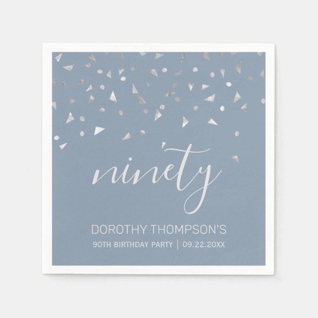 Dusty Blue Silver Confetti 90th Birthday Party Napkin (Front)