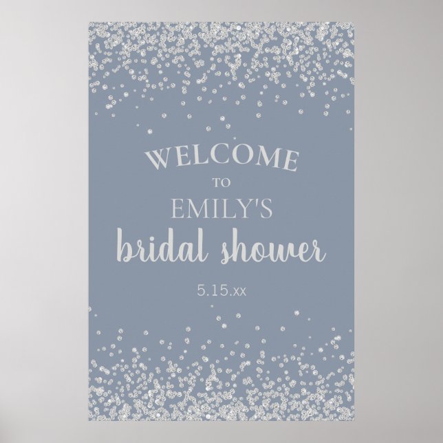 Dusty Blue Silver Confetti Bridal Shower Poster (Front)