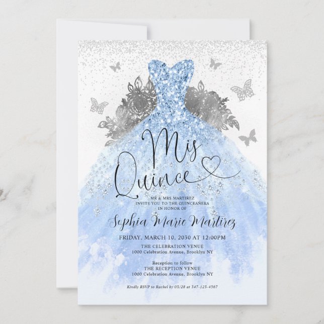 Dusty Blue Silver Dress Mis Quince Quinceañera Invitation (Front)