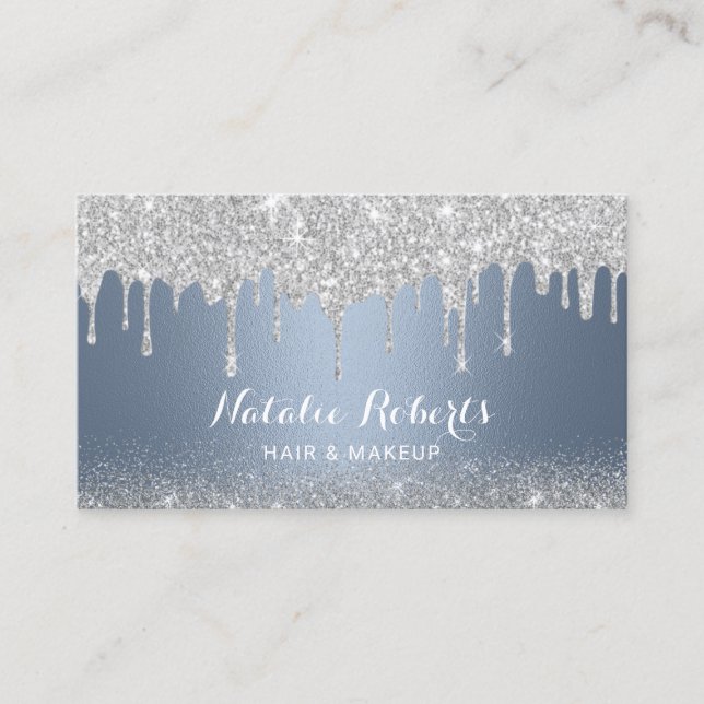 Dusty Blue Silver Drips Makeup Artist Hair Salon Business Card (Front)
