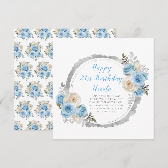 Dusty Blue Silver Elegant Flowers Birthday Party Card (Front/Back)