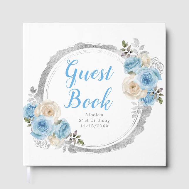 Dusty Blue Silver Elegant Flowers Birthday Party Guest Book (Front)