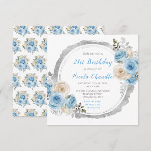 Dusty Blue Silver Elegant Flowers Birthday Party Invitation