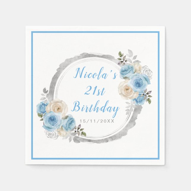 Dusty Blue Silver Elegant Flowers Birthday Party Napkin (Front)