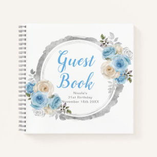 Dusty Blue Silver Elegant Flowers Birthday Party Notebook