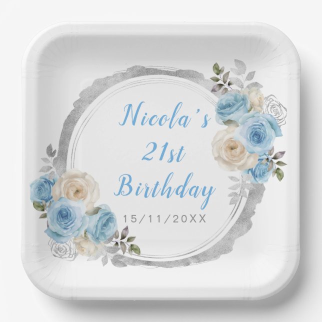 Dusty Blue Silver Elegant Flowers Birthday Party Paper Plate (Front)