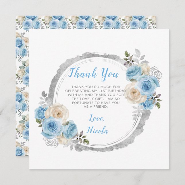 Dusty Blue Silver Elegant Flowers Birthday Party Thank You Card (Front/Back)