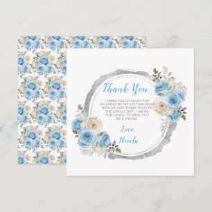Dusty Blue Silver Elegant Flowers Birthday Party Thank You Card