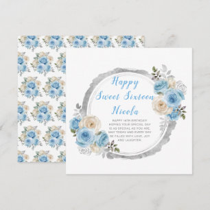 Dusty Blue Silver Elegant Flowers Sweet Sixteen Card