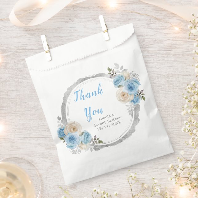 Dusty Blue Silver Elegant Flowers Sweet Sixteen Favour Bags (Clipped)