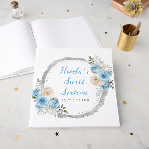 Dusty Blue Silver Elegant Flowers Sweet Sixteen Guest Book