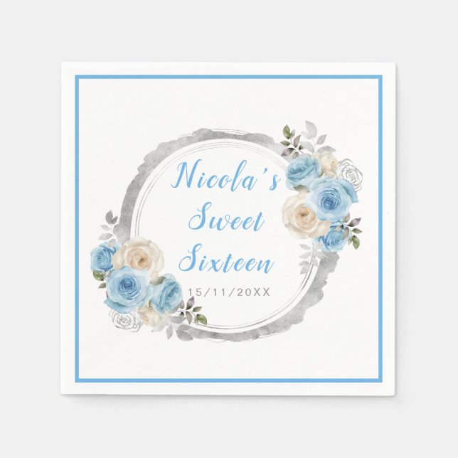 Dusty Blue Silver Elegant Flowers Sweet Sixteen Napkin (Front)