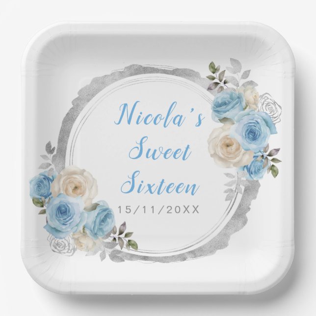 Dusty Blue Silver Elegant Flowers Sweet Sixteen Paper Plate (Front)