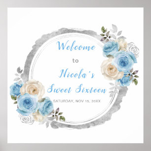 Dusty Blue Silver Elegant Flowers Sweet Sixteen Poster