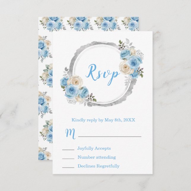Dusty Blue Silver Elegant Flowers Sweet Sixteen RSVP Card (Front/Back)