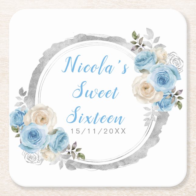 Dusty Blue Silver Elegant Flowers Sweet Sixteen Square Paper Coaster (Front)