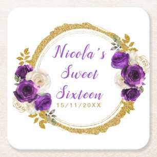 Dusty Blue Silver Elegant Flowers Sweet Sixteen Square Paper Coaster