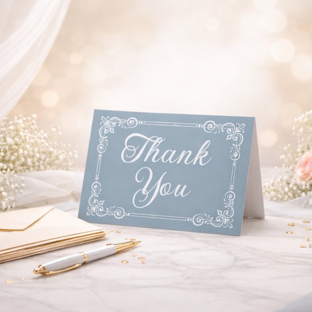 Dusty Blue Silver Filigree Script Thank You Card (Creator Uploaded)