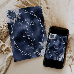Dusty Blue Silver Floral Navy Foil Save the Date
