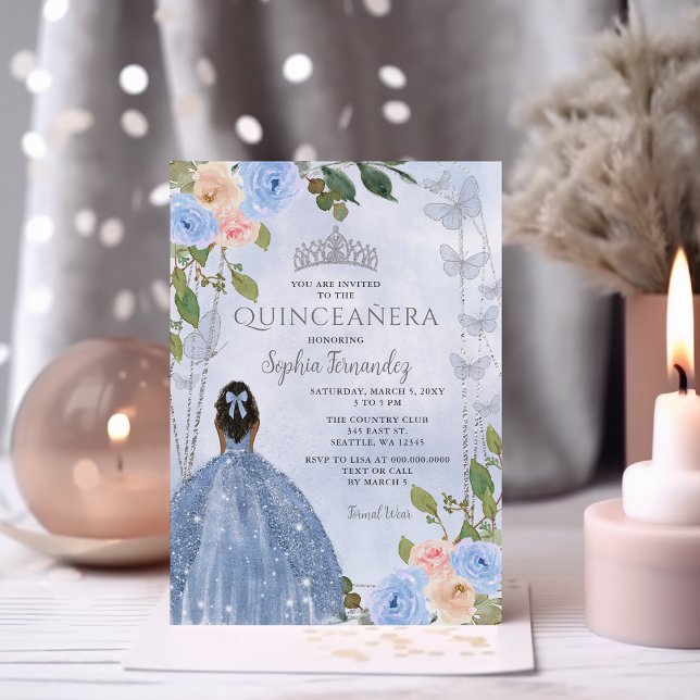 Dusty Blue Silver Floral Princess Quinceañera  Invitation (Dusty Blue Silver Floral Princess Quinceañera Invitation)