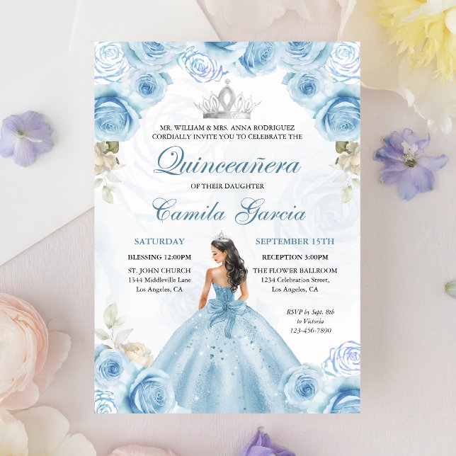Dusty Blue & Silver Floral Princess Quinceañera Invitation (Creator Uploaded)