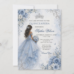 Dusty Blue Silver Floral Princess Quinceañera Invitation