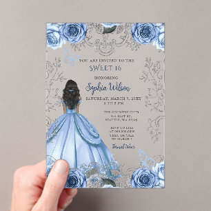 Dusty Blue Silver Floral Princess SWEET 16 Acrylic Invitations