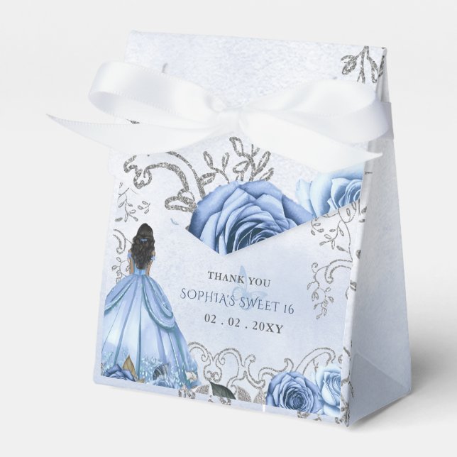 Dusty Blue Silver Floral Princess SWEET 16 Favour Box (Front Side)
