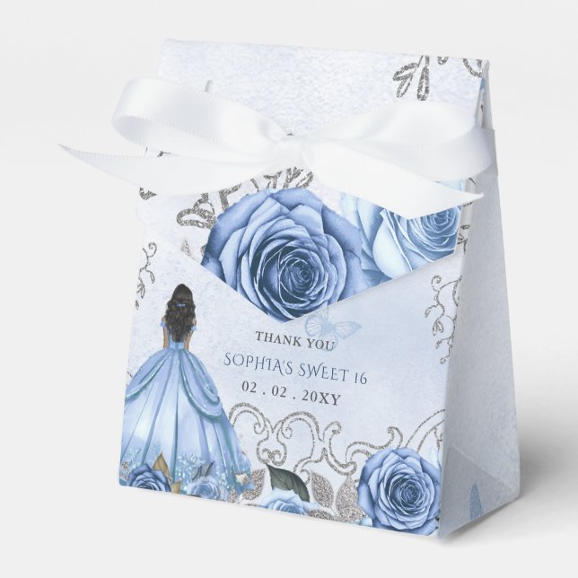 Dusty Blue Silver Floral Princess SWEET 16 Favour Box (Front Side)