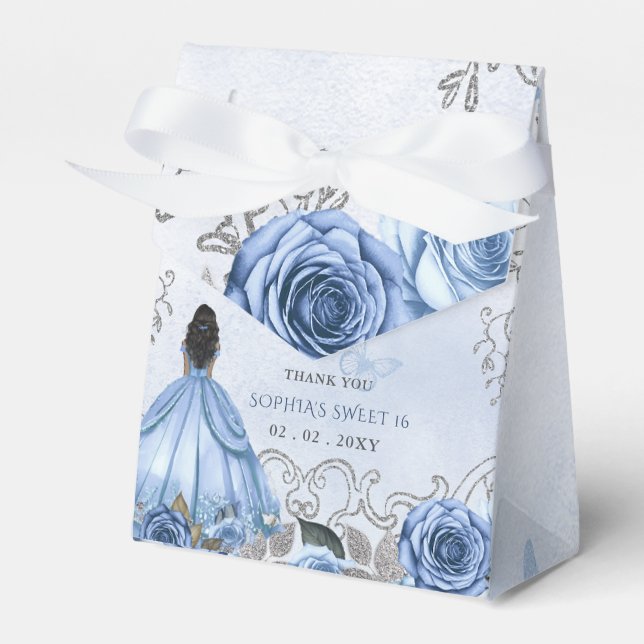 Dusty Blue Silver Floral Princess SWEET 16 Favour Box (Front Side)
