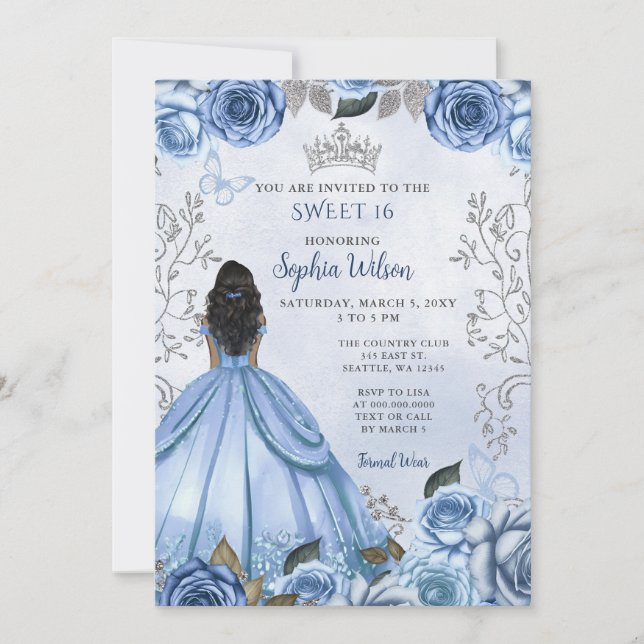 Dusty Blue Silver Floral Princess SWEET 16 Invitation (Front)