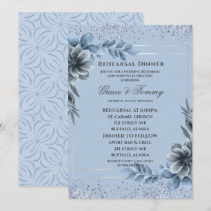 Dusty Blue Silver Floral Rehearsal Dinner Invitation