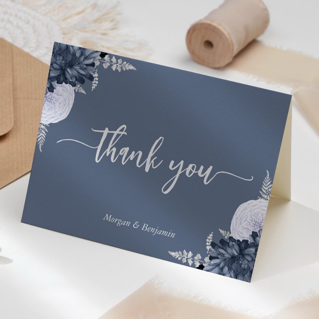 Dusty Blue Silver Floral Script Wedding Thank You Card (Creator Uploaded)