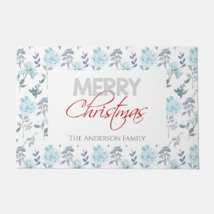 Dusty Blue & Silver Floral Watercolor Door Mat