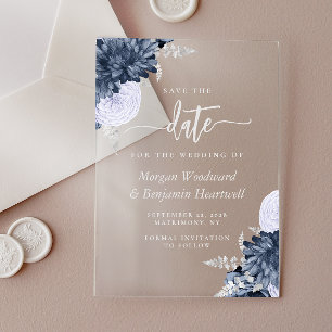 Dusty Blue Silver Floral Wedding Save the Date Acrylic Invitations