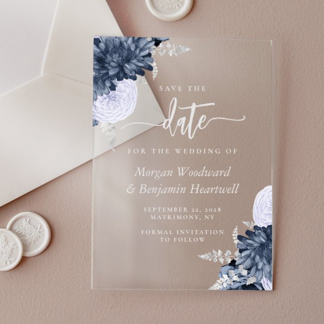 Dusty Blue Silver Floral Wedding Save the Date Acrylic Invitations (Creator Uploaded)