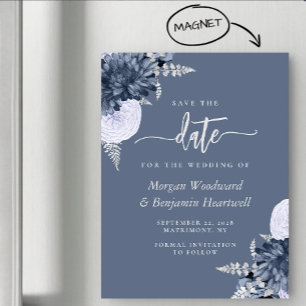 Dusty Blue Silver Floral Wedding Save the Date Magnetic Invitation