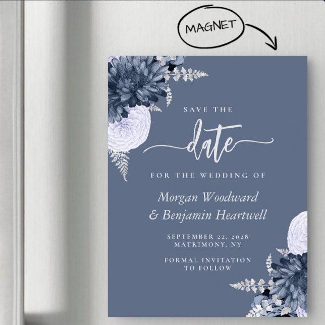 Dusty Blue Silver Floral Wedding Save the Date Magnetic Invitation (Creator Uploaded)