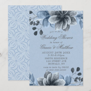 Dusty Blue Silver Floral Wedding Shower Invites