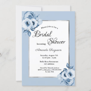 Dusty blue silver florals bridal shower invitation