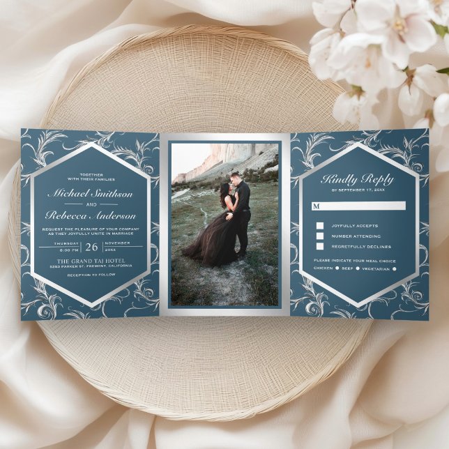 Dusty Blue Silver Flourish Swirl Wedding Photo Tri-Fold Invitation (Creator Uploaded)