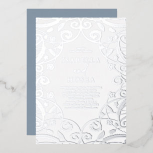 Dusty Blue Silver Foil Floral Lace Wedding