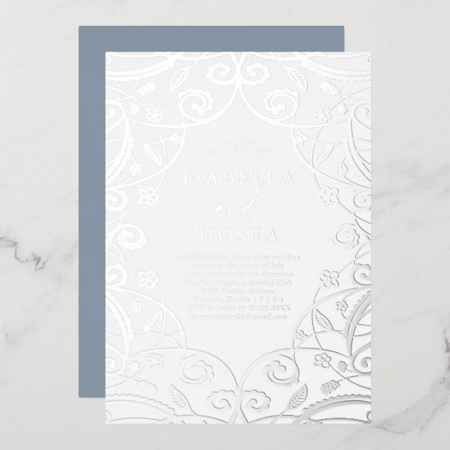 Dusty Blue Silver Foil Floral Lace Wedding (Front/Back)