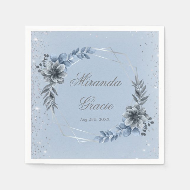 Dusty Blue Silver Geometric Floral Bridal Shower  Napkin (Front)